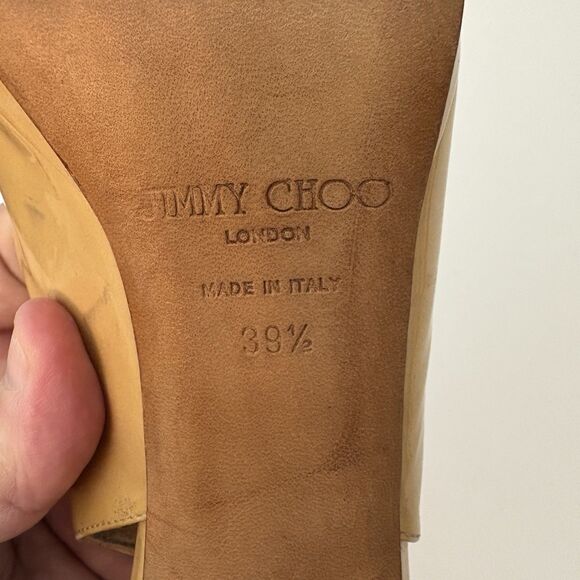 Jimmy Choo Heels Womens 39.5 Gold Glossy Leather Peep Toe‎ Stiletto Platform - Picture 9 of 11